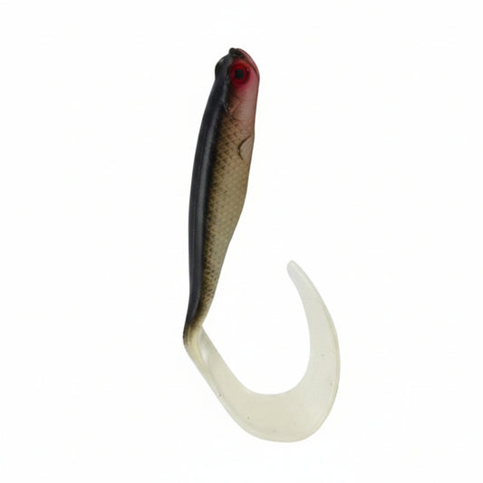 Soft plastic fishing lure with dark-backed olive body, red eye, and white curled V-tail