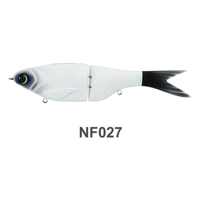 Jointed shad swimbait lure NF027, white body with black tail fin and small lip hook