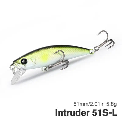 Sinking minnow fishing lure, lime green body with silver belly, clear lip, 2 treble hooks