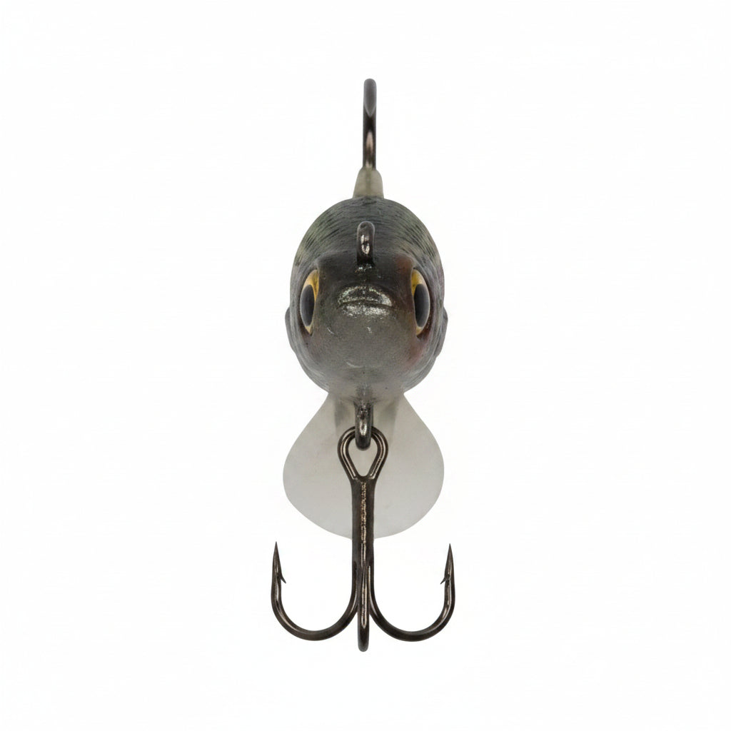 Front view fishing lure with round gray head, yellow eyes, and double treble hooks