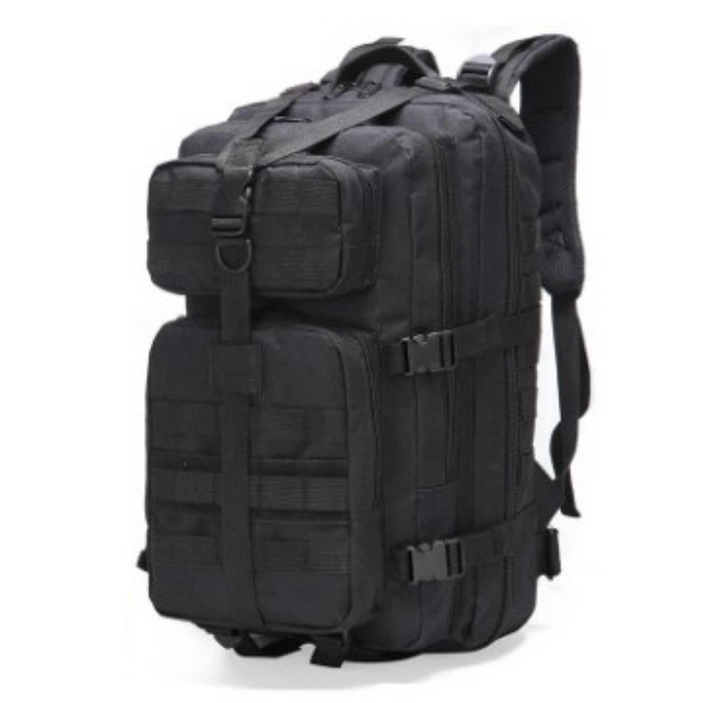 Black fishing tackle backpack with front pockets, buckles, and shoulder strap