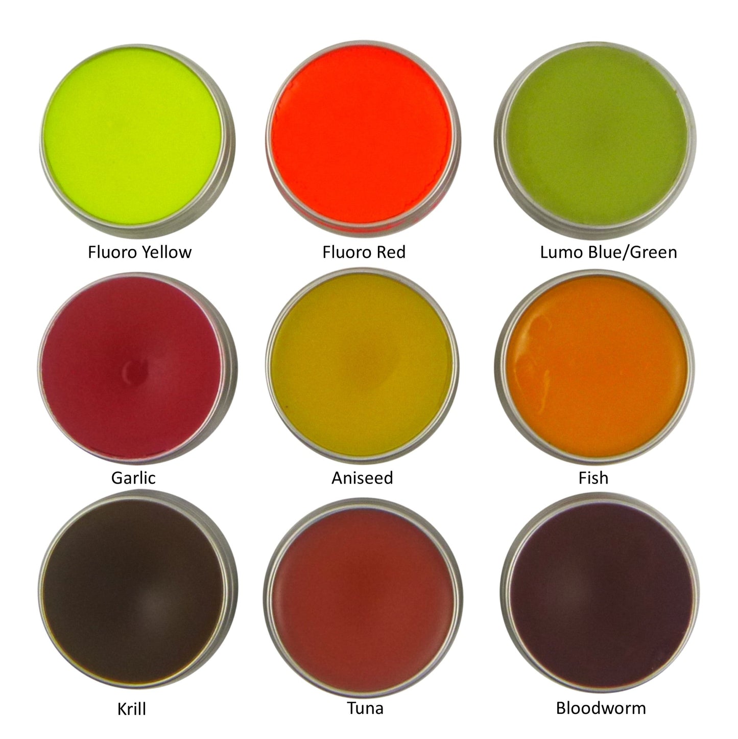 Assorted fishing gel scent tins, including red Tuna gel in round tin