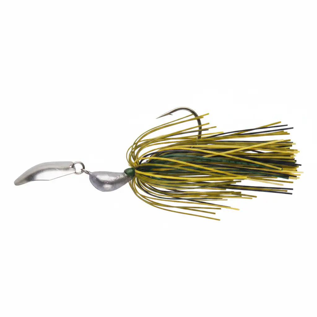 Camo green bladed swim jig with silver blade skirt and hint of dark green accents