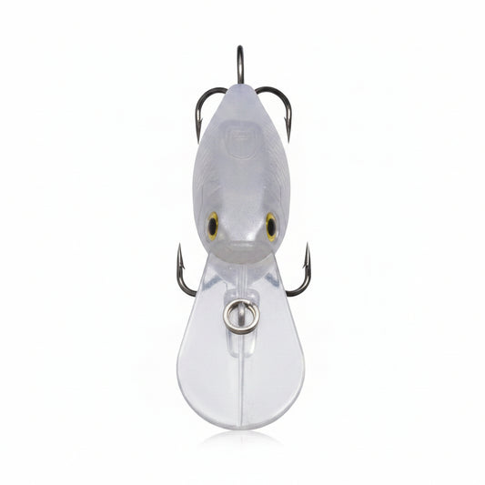 Deep diving crankbait, front view, clear body, yellow eyes, metal lip and two treble hooks
