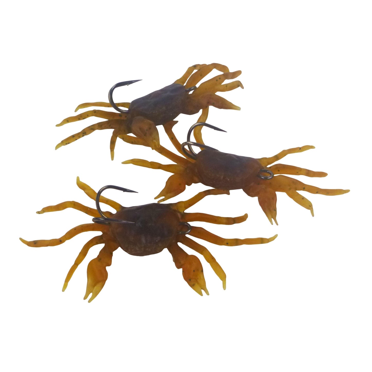 Set of 3 soft crab fishing lures with dark bodies and orange-brown legs, each on hooks
