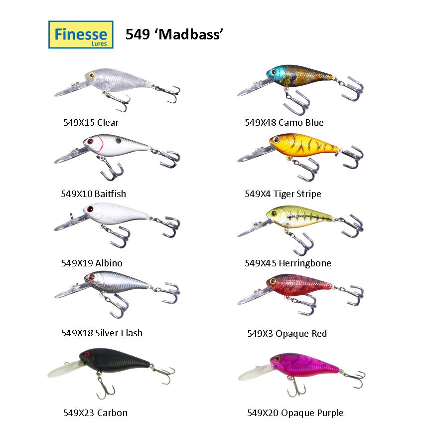 Finesse 549 lure color card showing multiple crankbaits, including opaque purple