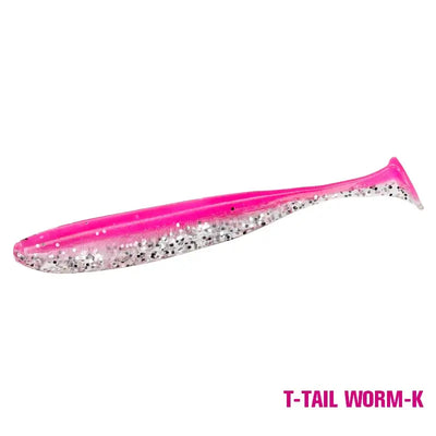 Soft T-tail worm lure, hot pink body with silver glitter and dark specks