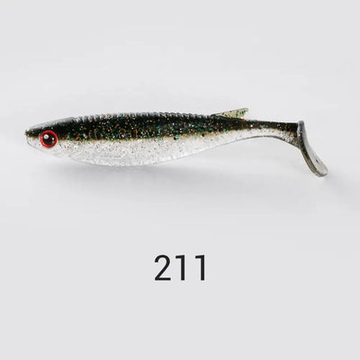 Dark speckled paddle tail swimbait with silver belly, red eye, forked tail