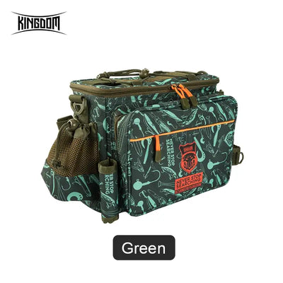 Green fishing tackle shoulder bag with patterned fabric, front pockets and top handle