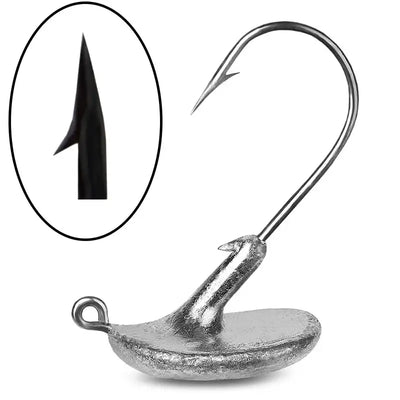 Single lead head jig hook, silver round weight head, curved shank with black barb