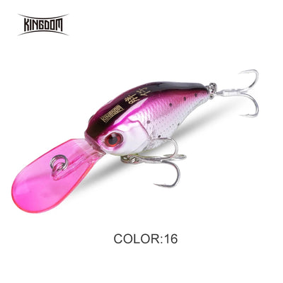 Hard crankbait minnow lure with pink head, dark back, red eye, and two treble hooks