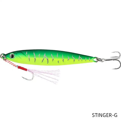 Metal fishing jig lure in green with neon lime pattern and white skirt, double hooks