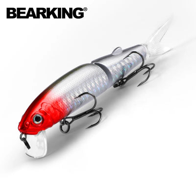Jointed hard-body minnow lure, red head fading to silver body, clear tail fin, 2 hooks