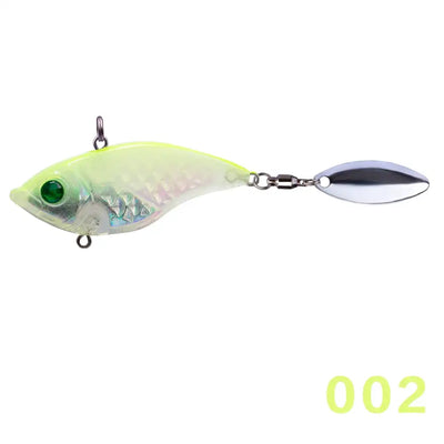 Transparent light green hard fishing lure spinner with 3D eyes and silver tail blade