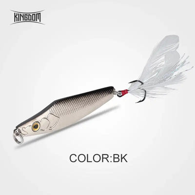 Metal jig fishing lure with gray/black body, yellow eye, feather skirt, treble hooks