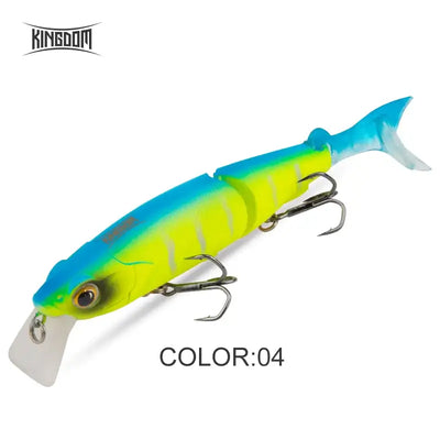 Blue-green and chartreuse multi-jointed minnow lure with treble hooks, color 04