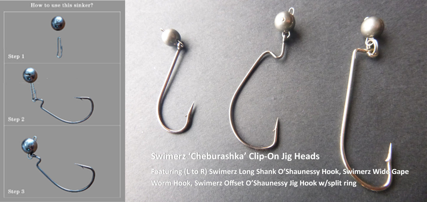 Swinging jig head hooks with metallic bead heads and curved fishing hooks