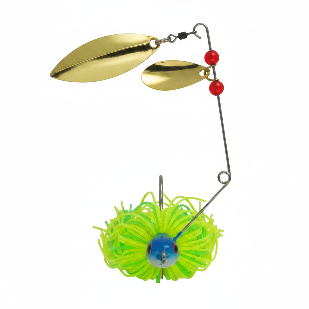 Neon lime green spinnerbait with gold blades, blue head, red beads, and curly skirt