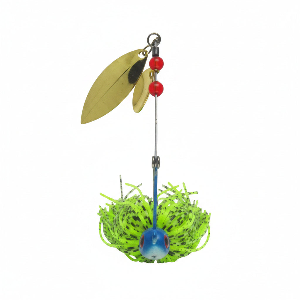 Spinnerbait with lime-green skirt, blue head, gold blades and red bead accents
