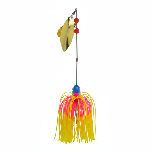 Spinnerbait lure with yellow-gold blade and pink-and-yellow fringe skirt