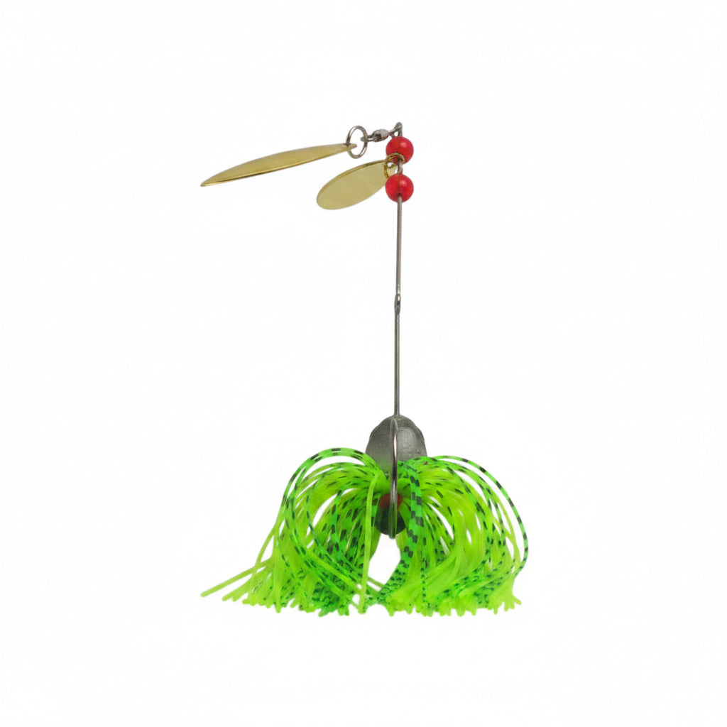 Green spinnerbait lure with gold blades, red bead accents, and long skirt