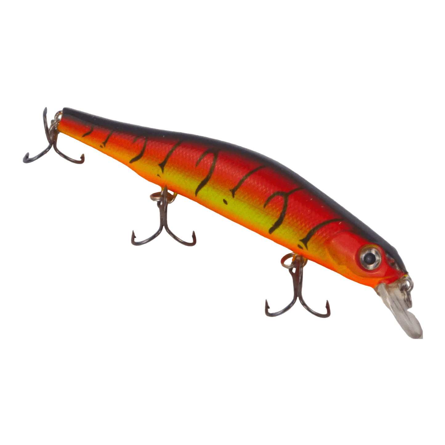 Shallow diving crankbait, red-yellow gradient with black top and three treble hooks