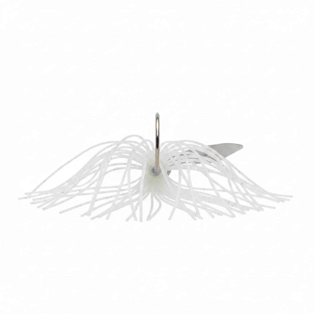 Swim jig chatterbait with white skirt strands and exposed hook, silver blade