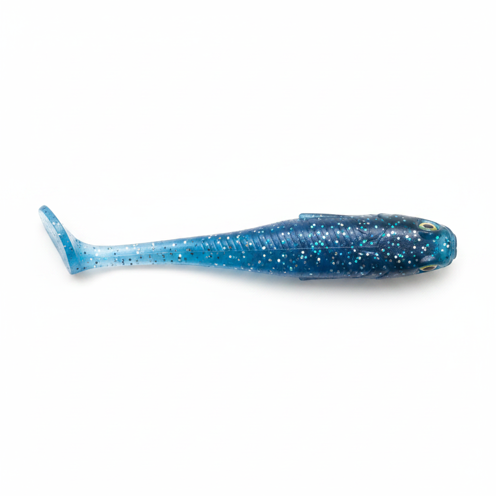 Soft shad paddle tail lure, electric blue speckled body with paddle tail