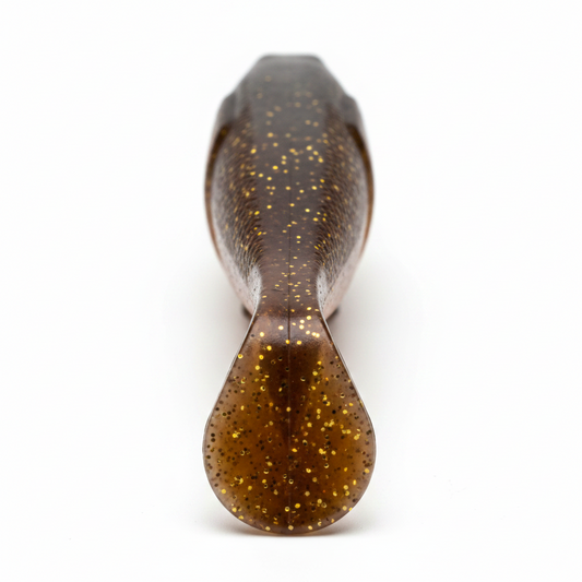 Soft plastic paddle-tail fishing lure, dark brown glitter-speckled body and tail