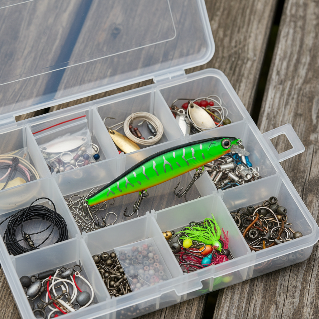 Lime green fishing minnow lure in a clear tackle box with treble hooks visible