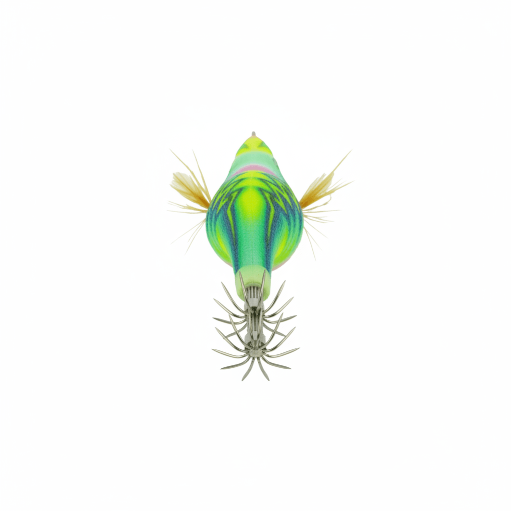 Squid jig lure front view in neon lime green with pink accents, tentacles and hook