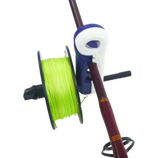 Clip-on line spooler tool with green fishing line on a spool
