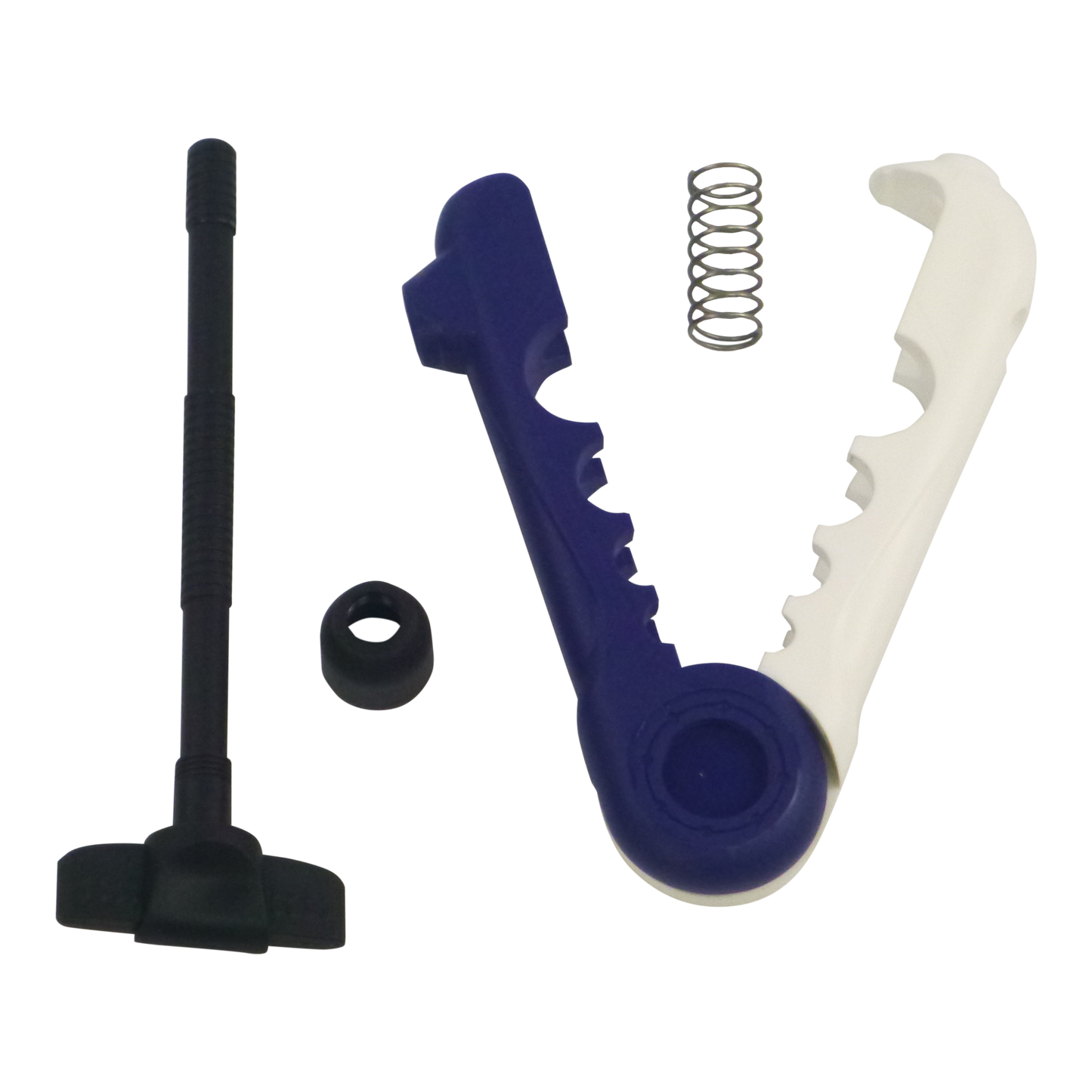 Fishing line spooler tool parts: blue handle, white guide, black rod clip