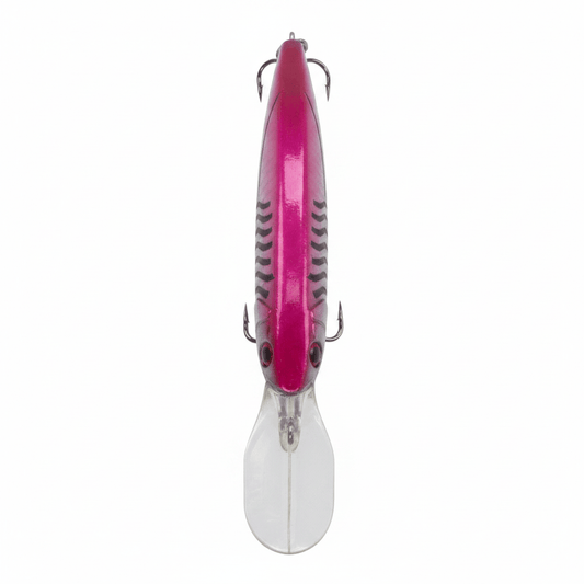 Magenta silver diving minnow lure front view with side treble hooks