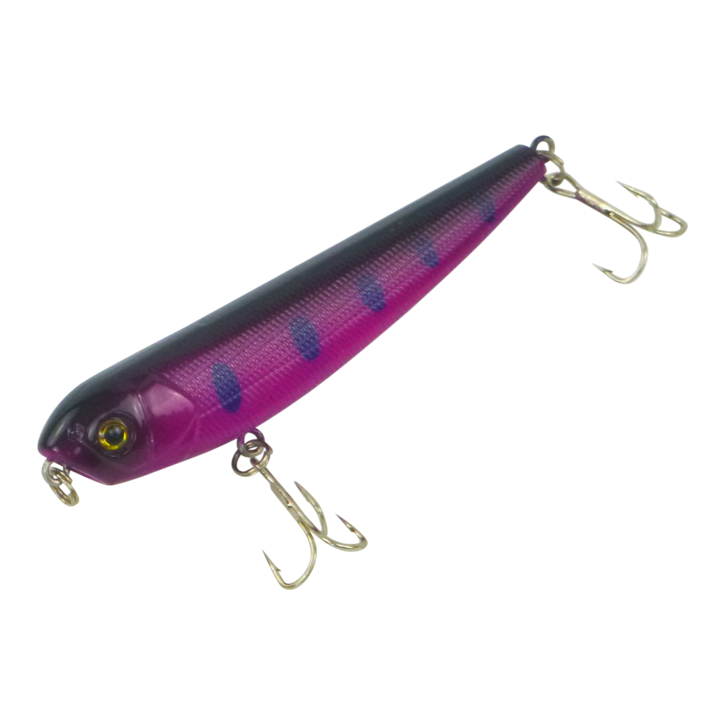 Purple walking dog fishing lure with gold hooks and black checkered stripe, eye detail