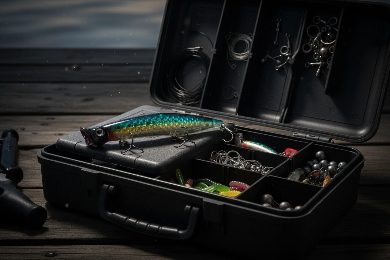 Iridescent blue-green fishing lure with three treble hooks in a tackle box