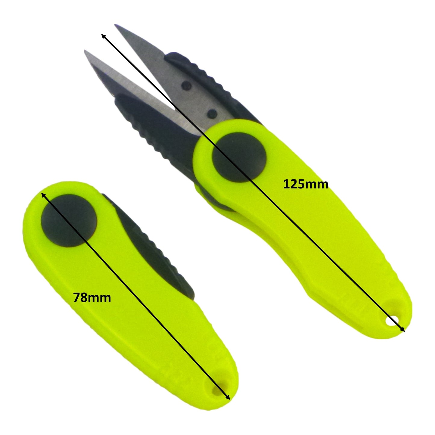 Neon green compact line snips, 125 mm and 78 mm lengths, black blades