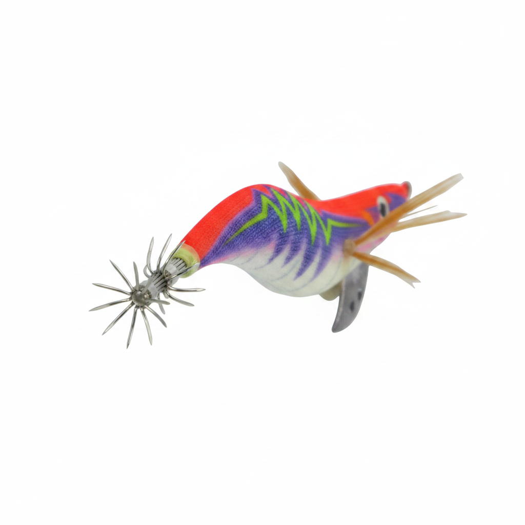 Squid jig lure with red head, multicolor striped body, and dangling tentacle skirt