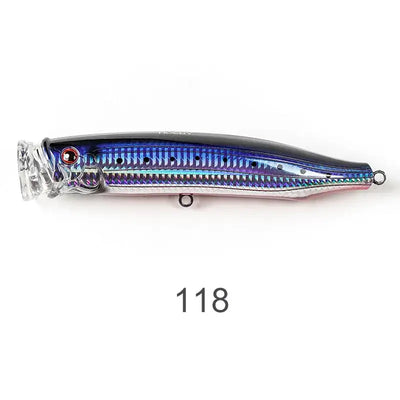 Dark blue topwater wobbler fishing lure with purple iridescent stripes and front hook