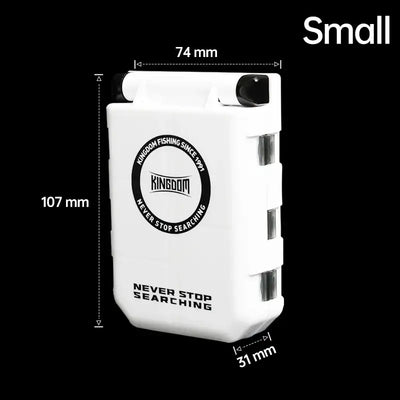 Mini fishing tackle storage case, white, front view with metal latch and inner slide rails