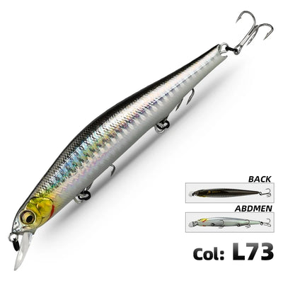 Minnow fishing lure wobbler, white body with black back and rainbow stripe, treble hook