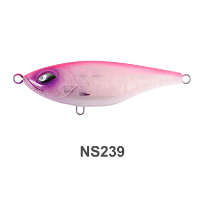Hard fishing lure, pink translucent body with magenta head and lifelike eye