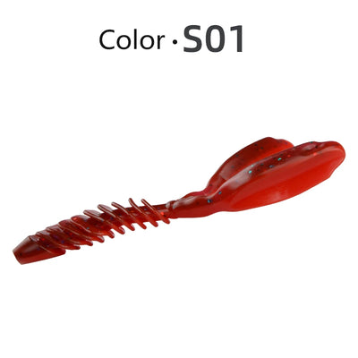 Silicone worm soft fishing lure, red translucent with darker red speckles and tail