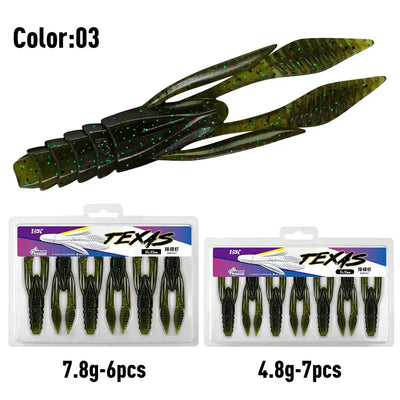 Dark green speckled soft creature fishing lure, segmented body with twin curled tails