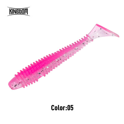 Soft plastic fishing lure in pink with clear speckled body and translucent tail