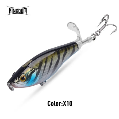 Floating topwater fishing lure, blue eye with olive stripes, rotating tail, treble hooks