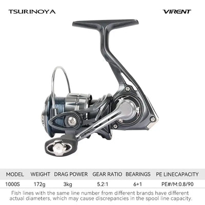 Tsurinoya VIRENT long-cast spinning reel, model 1000S, front view with silver spool