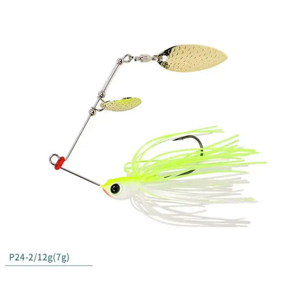 Spinner bait lure with gold blades, white skirt, and bright chartreuse strands