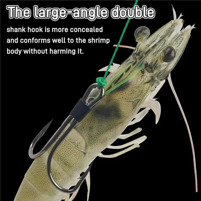 Concealed large-angle double shank hook with live shrimp bait and rubber ring