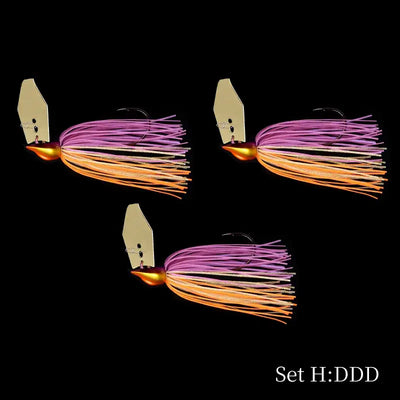 Tsurinoya bladed jig set with purple silicone skirt and orange-and-gold swim jig, 3pcs